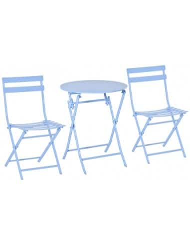 Bistrosæt med 2 klapstole og 1 klapbord i metal - Blå