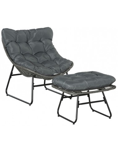 Loungestol med skammel i polyrattan og aluminium - Sort/Grå