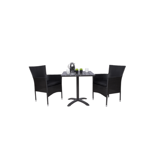Østerby cafésæt med 2 Bali stole og sorte hynder