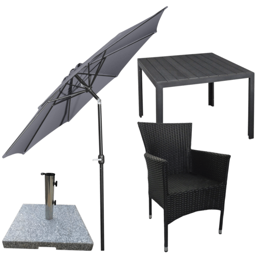 Bork havebord m. 4 Bali havestole og grå parasol grå inkl. fod
