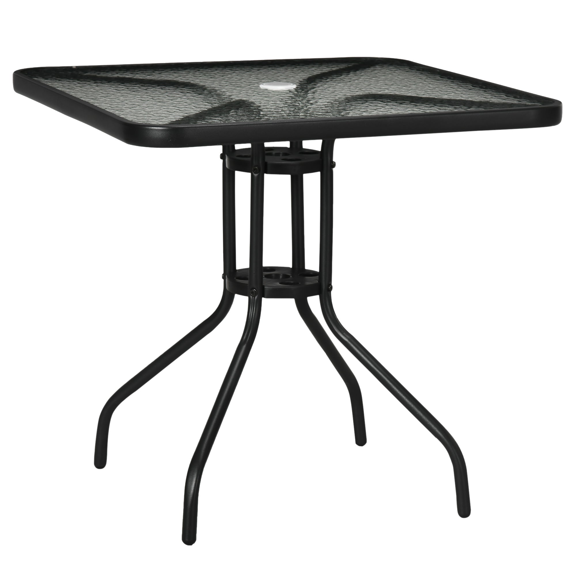 Aftageligt havebord i metal, 76x76 cm, vejrbestandigt balkonbord med parasolhul, skridsikkert, sort