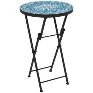 Mosaik havebord, foldbart rundt terrassebord med metalramme og keramisk bordplade, mosaikmønster, blå