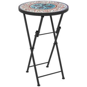 Mosaik havebord, foldbart rundt terrassebord med metalramme og keramisk bordplade, mosaikmønster, flerfarvet