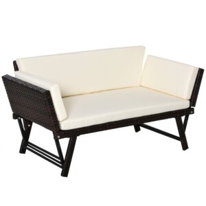 Polyrattan havesofa, 2-personers, havemøbler, loungesofa, havebænk, havelænestol, foldbar, armlæn i stål, brun, 129 x 63 x 67 cm