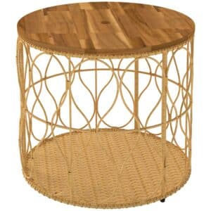 Sidebord Ø50 cm, vejrbestandigt havebord med rattan-look, bordplade i akacietræ, justerbare fødder, teak