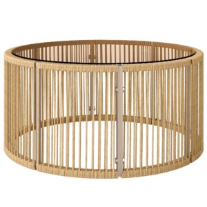 Sidebord af polyrattan, sofabord med hærdet glasplade, havebord med stålstel, 70 x 70 x 33 cm, brun