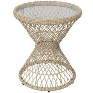 Sofabord/sidebord, boho design, glasplade, PE-rattan, 45 cm x 45 cm x 52 cm, natur