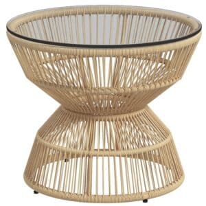 Udendørs sidebord, havebord, rattan sidebord, glasplade, PE-rattan, 60 cm x 60 cm x 50 cm, naturlig