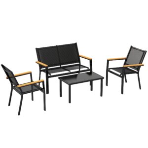 Metal havemøbelsæt, siddegruppe til 4 personer, havelounge med 2-personers sofa, stol og sidebord, 110x63,5x84 cm, sort